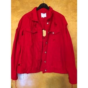 Red Distressed Oversized Denim Jacket